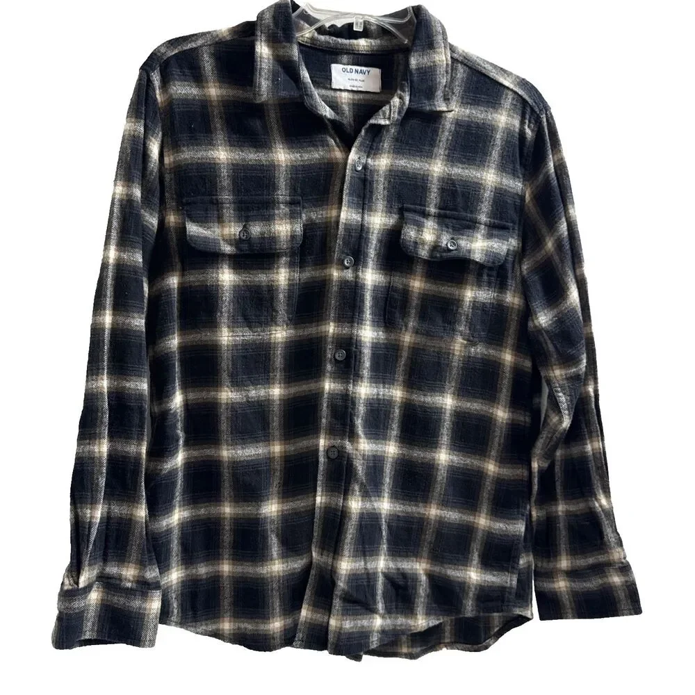 Old Navey Plaid Youth Flannel Shirt L Black Beige Cotton Long Button Sleeve